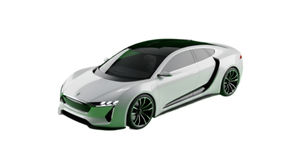 Sleek white sports car with a black roof is angled on black creating a modern automotive scene.