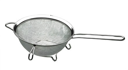 Studio shot showcases a metal mesh colander with handle and base against a stark black background.