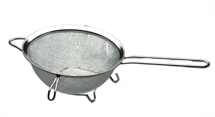 Studio shot showcases a metal mesh colander with handle and base against a stark black background.
