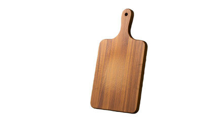 Wooden cutting board with a handle is shown on a solid black background in a studio setting.
