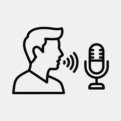 Silhouette man speaking into microphone broadcasting podcast line art Vector illustration