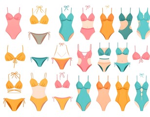 Fototapeta premium Assorted cartoon swimwear in various colors and styles, suitable for summer and beach wear