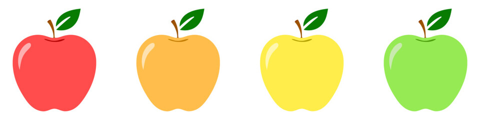 Set of apple illustrations in different colors with a green leaf. Flat style icons isolated on a white background. Vector illustration.