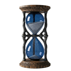 Ancient mystical hourglass with deep indigo glass and shimmering silver dust flowing, dark iron rods, carved oak bases, on transparent. Concept of time and destiny