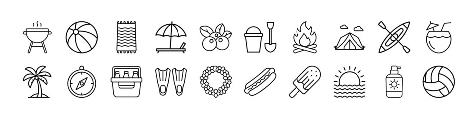 Summer vacation icons set with beach bbq camping and outdoor recreation activities vector illustration