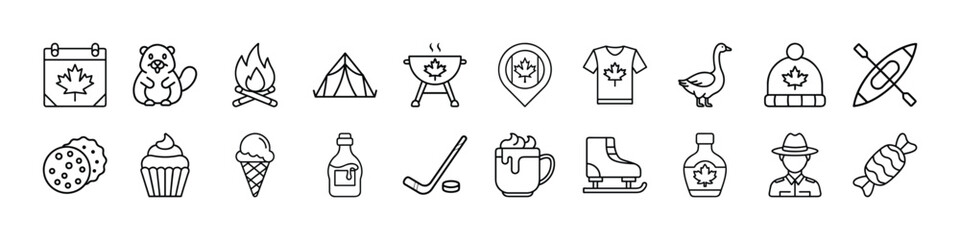 Canada day icons vector illustration featuring canadian symbols and culture elements in outline style