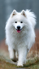 A fluffy white samoyed dog running towards the camera with its tongue slightly out in a field of grass