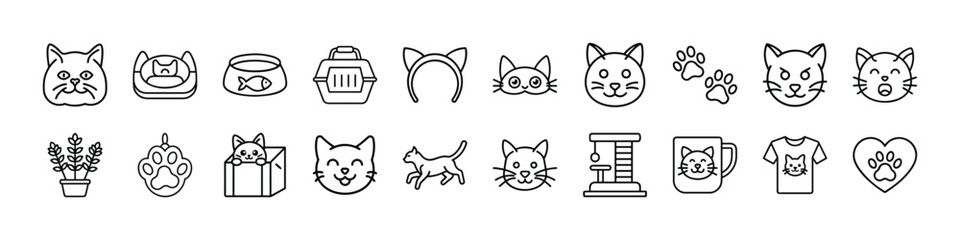 Cat supplies and accessories vector icons set, pet care essentials, cat face, paw print, toy