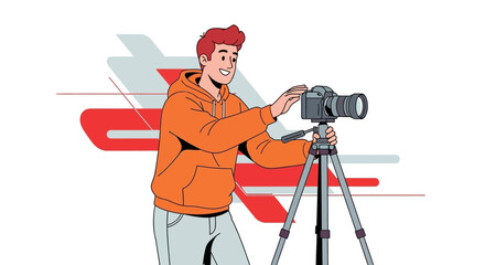 Young Photographer Preparing Camera on Tripod and Setting up the Perfect Shot for Capturing Memories