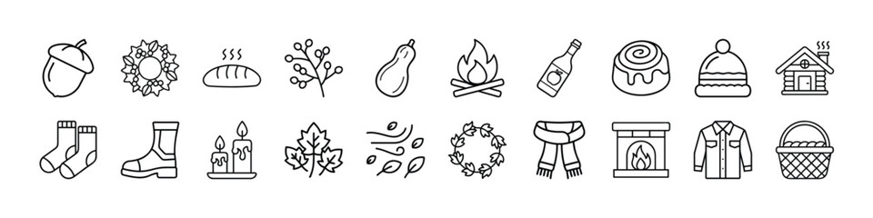 Cozy autumn season doodle vector set with acorn, fireplace, leaves, scarf, and other fall elements