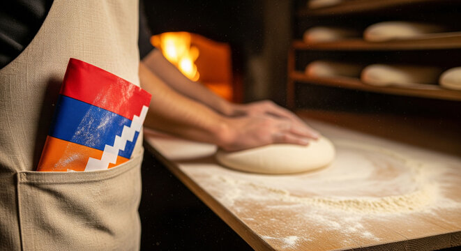 Baker kneading dough with Armenian flag in pocket by oven
A close-up, culturally focused shot of a baker at work, kneading a large, smooth ball of dough on a floured wooden surface