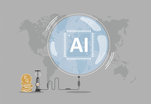 Growth of a financial investment bubble in the artificial intelligence securities market illustration.  Symbolic flat vector of AI bubble, which is rapidly inflating, swelling, threatening to burst