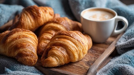Golden croissants are neatly arranged on a wooden tray alongside a steaming cup of coffee, creating a cozy breakfast scene perfect for enjoying in the morning.