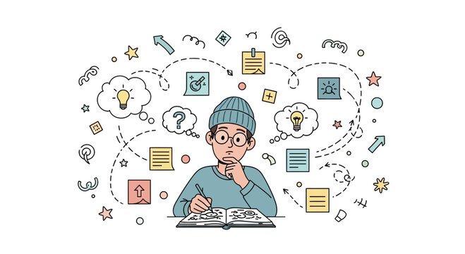 Creative Process Displayed: Sketching, Thought, and Innovation Illustrated with Graphic Elements