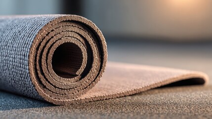 Rolled up yoga mat on the floor in a studio with soft lighting
