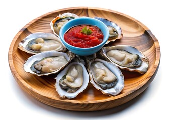 On a blue plate and in a wooden bowl over a white and transparent background Chilled Oysters on the Half Shell, with a small side of tomato sauce white background 