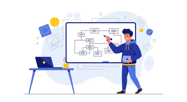 Man Explaining Workflow Diagram on Whiteboard with Laptop and Coffee Cup at The Side