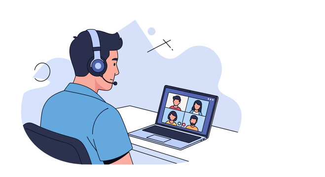 Man In Headset Participating In A Virtual Meeting On A Modern Laptop