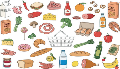 Hand Drawn Groceries and Shopping Basket Vector Set Isolated on White Background