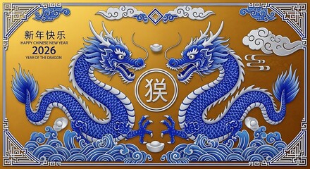 Chinese New Year 2026 Dragon Illustration, Golden Background.