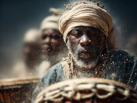 Group of Mandinka drummers and singers performing during the Kankurang Festival in Gambia. Their traditional drums and expressive faces capture the rhythm and energy of West African culture. 