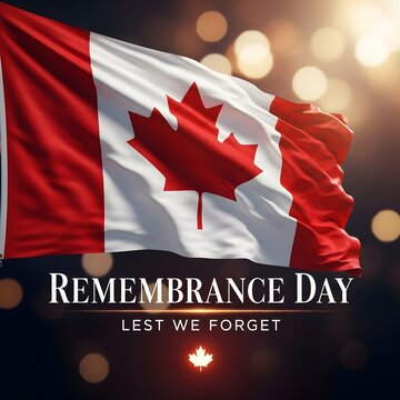 Canadian remembrance day lest we forget with maple leaf flag and bokeh lights