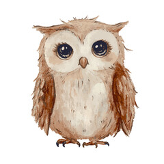 Cute watercolor owl illustration with big eyes. Hand-drawn vector artwork of an adorable brown bird, perfect for kids' designs, posters, prints, branding, invitations, and educational projects.