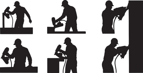 Worker with Nail Gun Silhouette Set