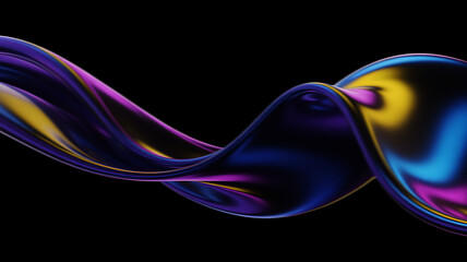 Abstract flowing shape with iridescent colors on a black background creates a modern and dynamic composition