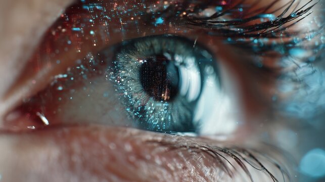 Primer plano de un ojo con el reflejo de una interfaz digital.