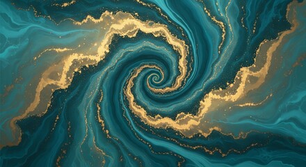 Fototapeta premium Abstract Swirling Teal and Gold Fluid Art Texture Ephemeral Cosmic Galaxy Vortex