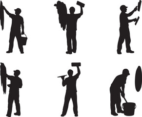 Plasterer Applying Stucco Silhouette Set