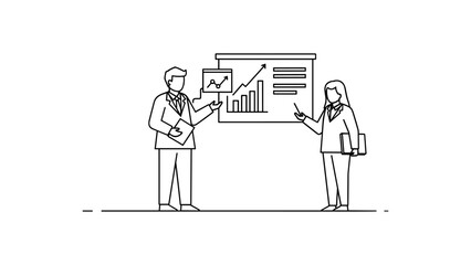 Business presentation with charts, line art style