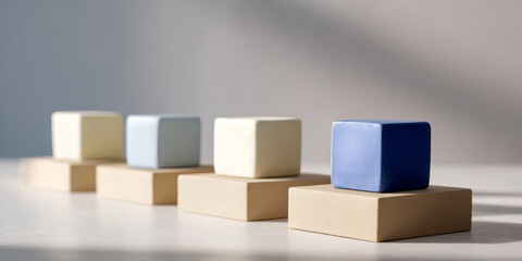 Obraz premium A blue block is on a brown platform, with other blocks in the background varying shades of beige and white