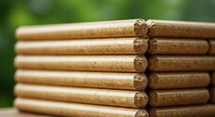 Biomass Wood Pellets with Green Background &ndash; Renewable Energy Concept