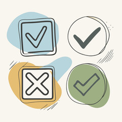 Doodle Style Check and Cross Marks in Colorful Shapes
