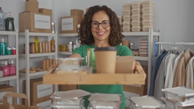 Woman in green uniform smiling indoors holding food tray in charity volunteer room with shelves and clothes around suggesting active participation and warmth