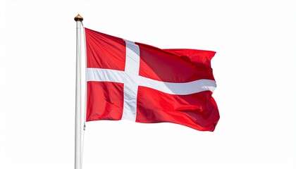 The Danish national flag, Dannebrog, flying on a flagpole against a white sky with a bird in the background.