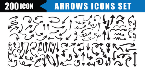 Hand Drawn Arrow Icons Set.  200 Sketch Style Direction Symbols