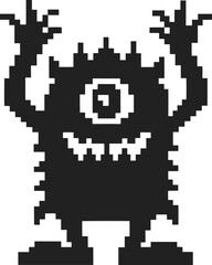 Obraz premium Pixelated black one eyed monster silhouette, creature with sharp teeth and raised arms, retro video game