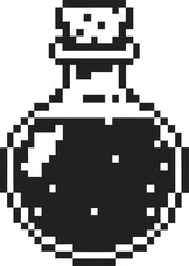 Obraz premium Pixel art magic potion bottle retro video game style, black white container, pixelated elixir, fantasy alchemy symbol