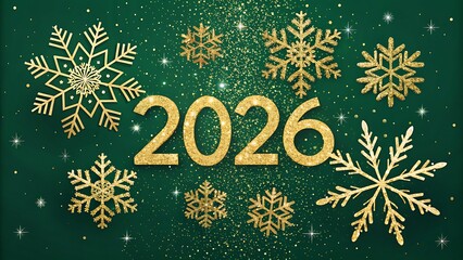 Sparkling 2026 new year design with golden snowflakes and glitter on a green background, creating a festive and elegant holiday season atmosphere