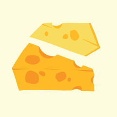 Swiss cheese wedge. Piece of yellow cheese with holes. Trendy modern style. Hand drawn Vector illustration. Isolated design element. Delicious dairy food concept