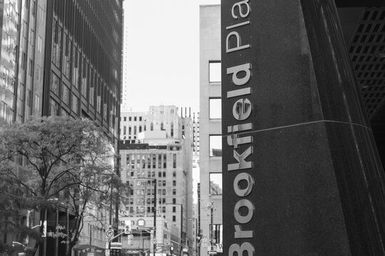 black and white sign outside Brookfield Place, a corporate office, located at 181 Bay St, Toronto (looking north on Bay)