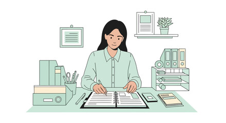 Woman Focused on Tasks at Desk, Planning and Organizing in Office Routine