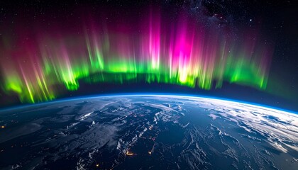 Witness the breathtaking celestial ballet of vibrant green and magenta aurora borealis illuminating Earth's curvature, a stunning natural light spectacle from space