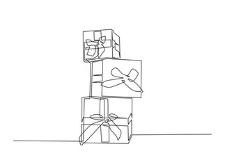 Stack gift box single outline draw illustration. Continuous line art drawing of stack present box. Editable stroke.