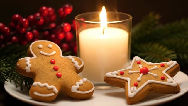 Festive Christmas Still Life with Gingerbread - A close-up shot showcases a gingerbread man and star-shaped cookie decorated with white icing and red candies, placed on a white plate.