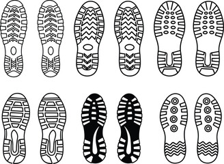 Shoe sole tread pattern collection, footwear outsole design, sneaker grip texture, sports shoe bottom, vector illustration, footwear icon, abstract geometry