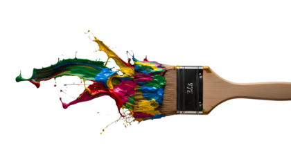 A close-up studio shot on a black background features a paintbrush loaded with vibrant, multicolored paint